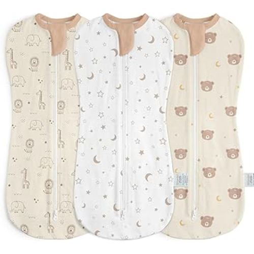 Baby Swaddle 0-2 Months, Cotton Arm-In Zipper Sleep Sack, Wearable Blankets Wrap for Newborn Infant Girls, Boys (Animal, Star Moon, Bear, Pack of 3)