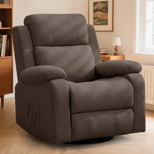 Korser Swivel Rocker Recliner Chair for Adults with Massage and Heat,Upholstered Manual Recliner with Side Pockets Glider Recliner for Living Room,Linen,Brown