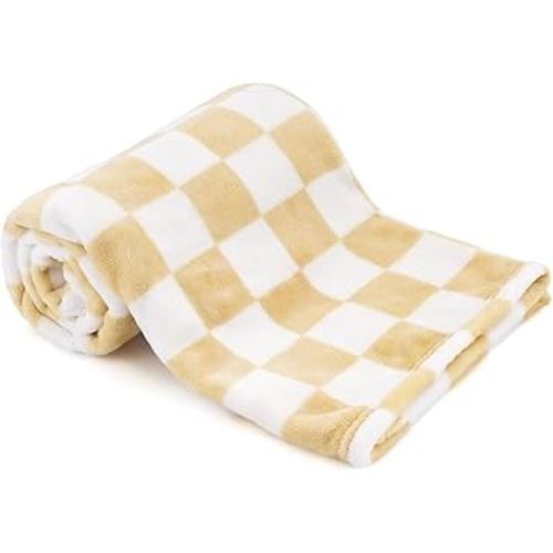 Plush Checkered Baby Blanket for Boys Girls Nursery, 30"*40" Warm Short Fleece Blanket Neutral for Infant Newborn, Small Fuzzy for Sleeping, Chenille or Stroller (Sand Yellow&White)
