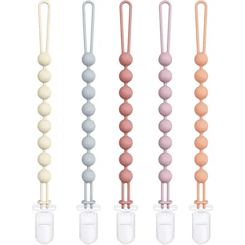Cuddle Campus Silicone Pacifier Clip Holder with One Piece Design, Pack of 5 Soft Flexible Binky Clips for Baby Boy and Girl Set 5((3M+ Plastic Clip)