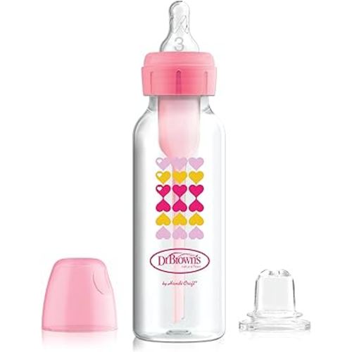 Dr. Brown's Anti-Colic Options+ Narrow Sippy Bottle Starter Kit, 8oz/250mL, with Level 3 Medium-Fast Flow Nipple and Soft 100% Silicone Sippy Spout, Pink, BPA Free, 6m+