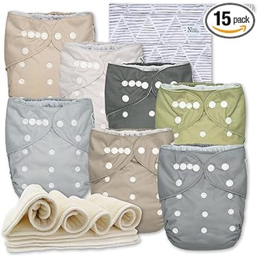 Nora's Nursery Cloth Diapers 7 Pack with 7 Inserts & 1 Wet Bag - Waterproof Cover, Washable, Reusable & One Size Adjustable Pocket Diapers for Newborns and Toddlers - Sand and Stone