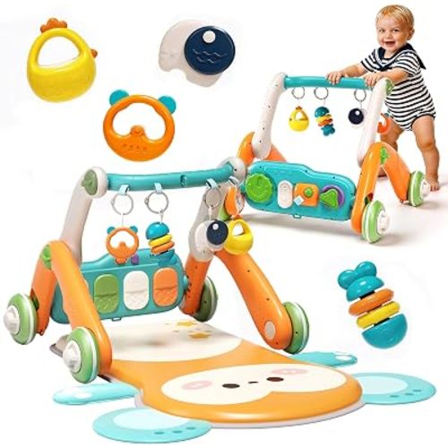 Jovow 2 in 1 Baby Gym with Walker,Baby Play Mat with Sensory Toys [Orange]