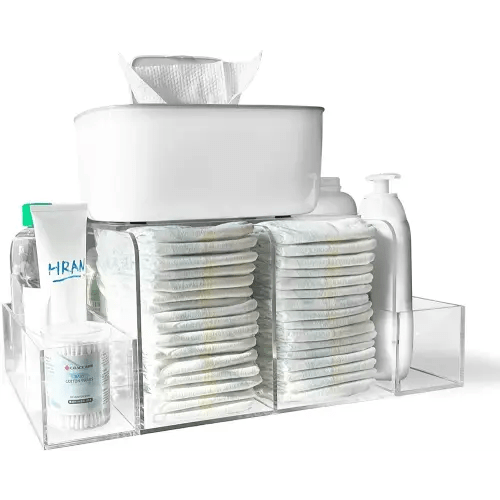 Diaper Caddy, Baby Changing Table Organizer, Detachable Clear Acrylic Diaper Storage for Wipe Dispenser, Wipe Warmer and other Diapering Essentials