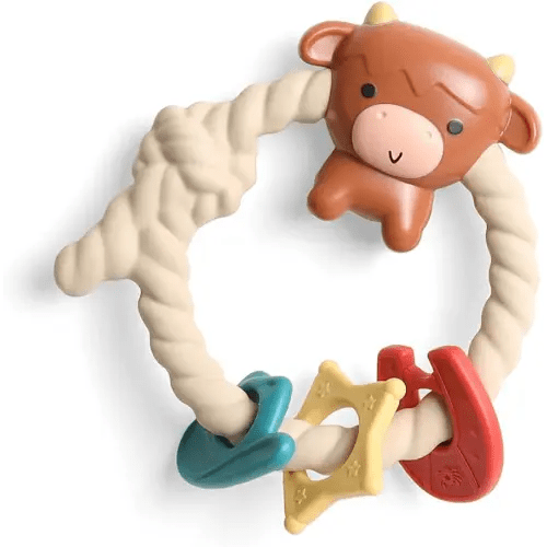 Itzy Ritzy Rattle Teether, Silicone Teething Toy w/ 3 Rings (Highland Cow)