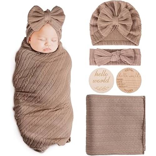 Newborn Receiving Blanket with Bow Hat Headband Wooden Card Set Wheat-Pattern Newborns Toddler Baby Boy Girl Nursery Swaddle Wrap