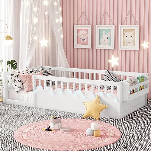 Twin Toddler Floor Bed with High Rails, Wooden Montessori Bed Frame with Light and Storage Shelf, Twin Size Bed Frame for Kids, Boys and Girls, White