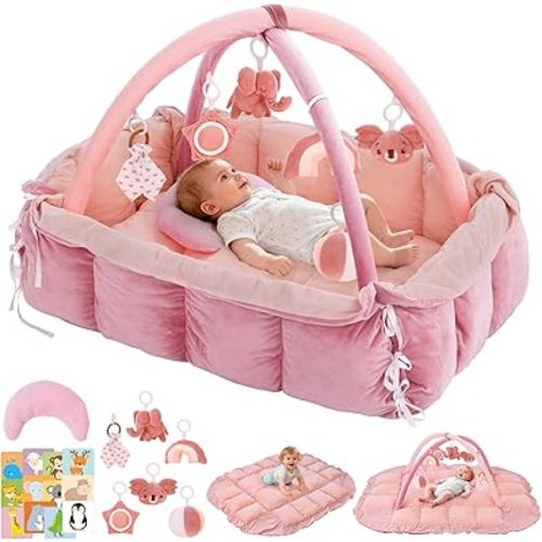 5-in-1 Baby Play Gym and Tummy Time Mat, Tummy Time Pillow & 12 Learning Cards, Plush Activity Mat with 6 Toys, Baby Gym, Convertible to Ball Pit, Baby Gift, Light Pink