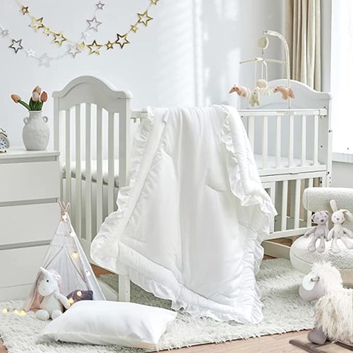3 Pieces Crib Bedding Set Baby Ruffle Quilted Comforter with Fitted Sheet and Pillowcase - Cute Ruffled Shabby Chic Bedding Soft Blanket Design White