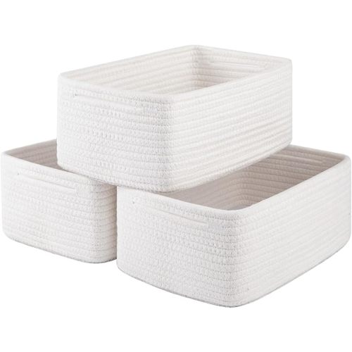 3 Pack Small Storage Baskets for Organizing, Cute Woven Decorative Gift Baskets for Shelves, Mini Closet Organizer Bins with Handles, 11.81''Lx7.87''Wx4.72''H-White