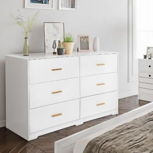 Garvee Dresser for Bedroom with 6 Drawers, Modern Chest of Drawers with Metal Handle, Wooden Cabinet Organizer,White
