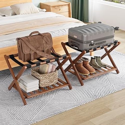 Smuxee Fully Assembled Walnut Luggage Racks Pack of 2, Upgraded Bamboo Foldable Suitcase Stand with 5 Nylon Straps, Luggage Holder with Shelf for Guest Room Bedroom Hotel