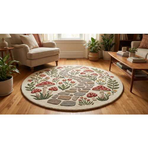 Mushroom Garden Hand Tufted Round Rug | Botanical Mushrum Hand Tufted Rug, Nature Trail Floral Round Rug for Living Room Bedroom & Kids Room