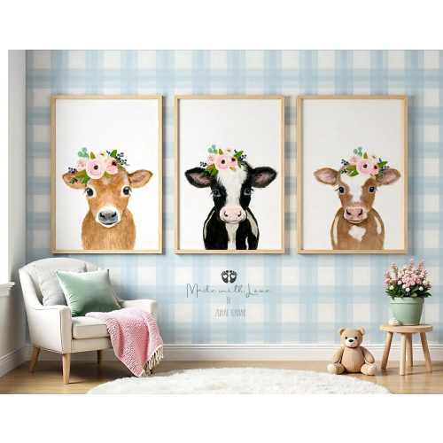 Farm nursery decor, Nursery print farm animal print cow painting  Nursery Animal print Farm baby shower decor Nursery wall art flower crown