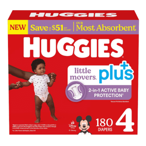Huggies Little Movers Plus Baby Diapers Size 4, 180 Count, 22-37 lbs, Leak Protection, Fast-Absorbing DryTouch Liner, Fragrance Free Disposable Diapers