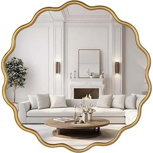 Round Wavy Mirror for Wall 22 Inch Decorative Modern Gold Round Mirror for Bathroom, Living Room,Vanity, Nursery Decor,Gold