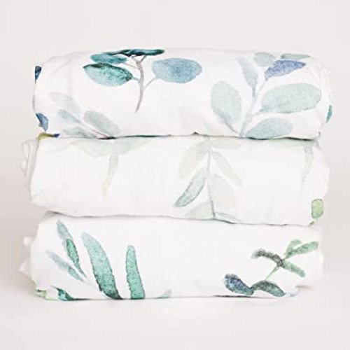 3 Fitted Leafy Mini Crib Pack n Play Playard Portable Crib Sheets Set - 100% Oeko-TEX Cotton Baby Girl/Boy Nursery Bedding - Gender Neutral Floral Leaves Travel Pack and Play Playpen Sheet