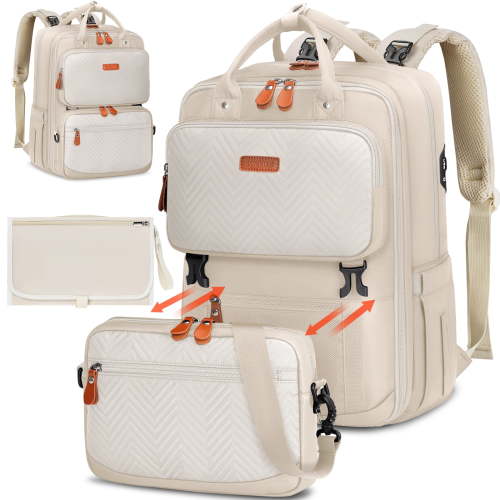 RAINSMORE Diaper Bag Backpack Waterproof Travel Diaper Bag with Changing Pad Stroller Straps Baby Backpack for Moms Dads Essentials Organizer,Beige