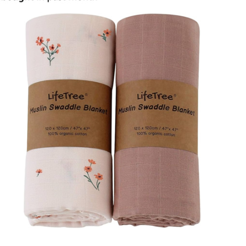 LifeTree Muslin Swaddle Blankets for Baby Girl, 2-Pack 70% Viscose from Bamboo and 30% Cotton Large Swaddle Blankets (47" x 47"), Floral & Dusty Pink Checkered