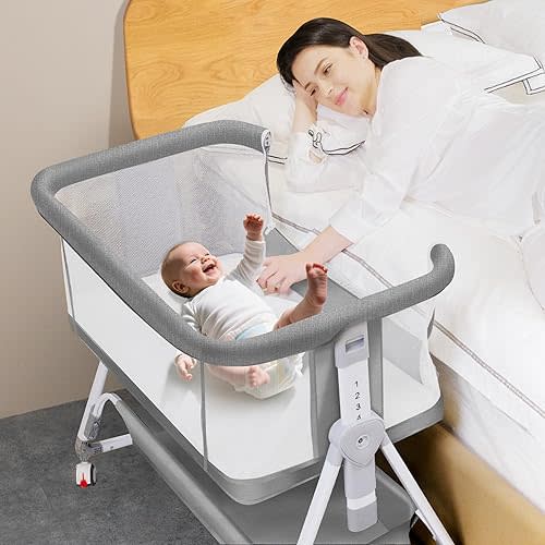 Baby Bassinet Bedside Crib, 3 in 1 Baby Bassinet Bedside Sleeper with Musical, Adjustable Portable Crib All Mesh Bedside Bassinet with Storage Basket, Grey