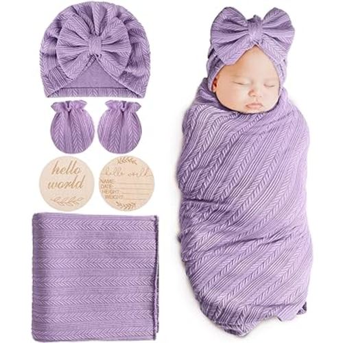 Newborn Receiving Blanket with Bow Hat Mittens Wooden Card Set Wheat-Pattern Newborns Toddler Baby Boy Girl Nursery Swaddle Wrap