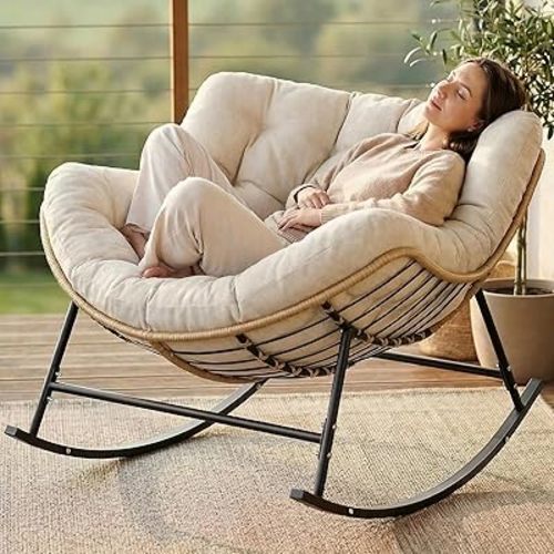 SWITTE Oversized Rocking Papasan Chair, Outdoor Wicker Egg Rocker with Thick Cushion, 450 lbs Heavy Duty Comfy Patio Lounge Chair for Balcony, Porch, Indoor Living Room, Cream