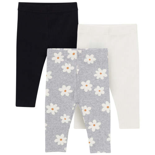 3-Pack Baby & Toddler Girls Gray Flowers, Cream and Black Ribbed Leggi – Gerber Childrenswear