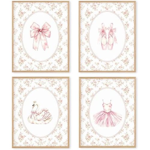 Boat Wades Coquette Pink Floral Ballet Wall Art Prints Set of 4, Preppy Ballerina Swan Posters Wall Decor for Girls Nursery Bedroom Playroom 8x10 Unframed