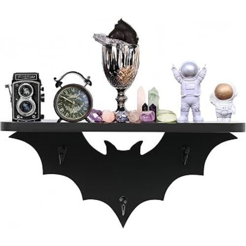 Bat Shelf Floating Shelves for Wall,15.5 inch Wall Shelf with 3 Key Hooks,Black Shelves for Living Room Bedroom Kitchen Gothroom