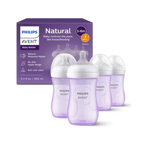Philips Avent Natural Baby Bottles with Natural Response Nipples (Medium Flow, Flow 3), 9oz, Purple, 4-Pack, SCY903/34