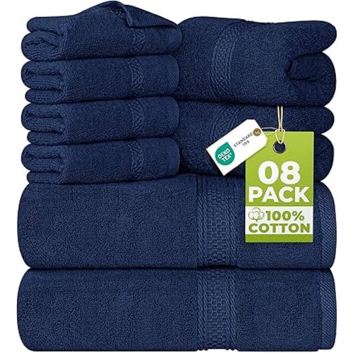 Utopia Towels 8 Piece Luxury Towel Set – Majestic Plush, Super Absorbent & Quicker-to-Dry, Thick 100% Ring Spun Cotton Towels for Bathroom, Spa & Hotel – 2 Bath, 2 Hand, 4 Washcloths, Navy Blue