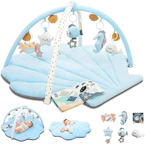 Baby Play Gym Mat, Oversize Tummy Time Activity Mat for Babies 0-6 Months, Shells Baby Play Mat with 6 Detachable Toys, Baby Essentials Mat for Floor Sensory Exploration Motor Skill Development (Blue)