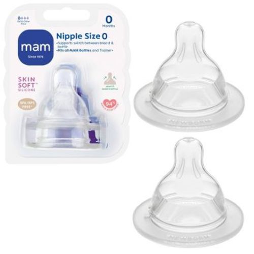 MAM Extra Slow Flow Bottle Nipples - 2pk: BPA-Free, Silicone Material, Level 0 - Newborn/Preemie
