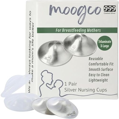 MOOGCO Silver Nursing Cups — 999k Silver Nipple Shields for Breastfeeding — Most Durable, Chemical-Free Protection for Larger Cup Sizes (X-Large, Set of 2)