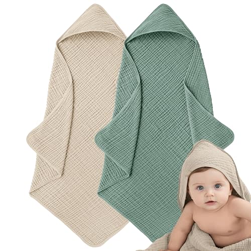 Muslin Hooded Baby Towels for Newborns, 32"x32", 100% Cotton – 6 Layers Super Soft Absorbent Breathable, Baby Bath Towel, Toddler Bath Towel – Pack of 2