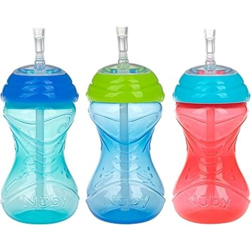 Nuby 3 Piece No-Spill Easy Grip Cup with Flex Straw, Clik It Lock Feature, Boy, 10 Ounce