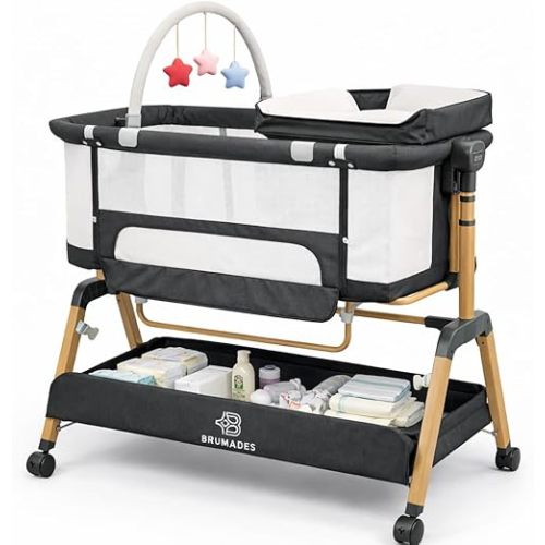 Baby Bassinet Bedside Sleeper – 3-In-1 Multifunctional Design, 6 Adjustable Heights, Breathable Mesh Sides, Comfortable Mattress, with Extra Diaper Bed - Mosquito Net and Toy – Astm Certified, Gray | Safe & Stable Frame