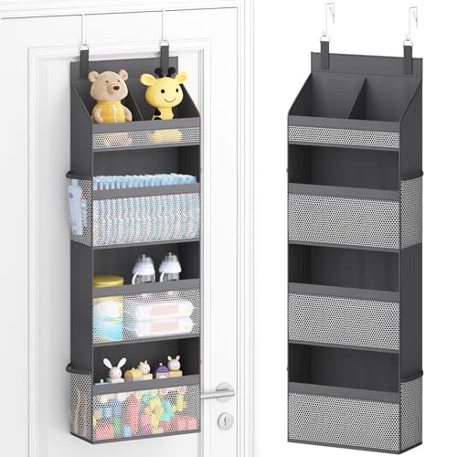 Lifewit 4 Tier Over the Door Diaper Organizer for Nursery, Large Heavy Duty Hanging Storage with 4 Mesh Side Pockets, Sturdy Back of Door Shelf for Baby Stuff Toy in Pantry, Laundry, Bathroom, Gray