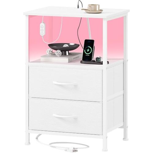 Somdot Nightstand with 2 Drawers, Charging Station & LED Light