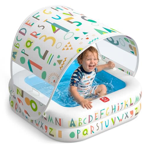 QPAU Baby Pool with Detachable Canopy for Sun Protection, 35" x 10" Portable Inflatable Kids Pool with Padded Bottom, Kiddie Pool & Ball Pit with Handles for Backyard and Indoor, Ages 1-3 (Blue)