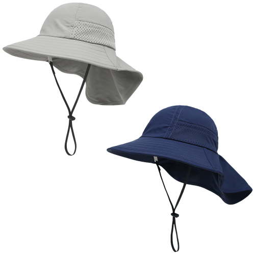 Tisoloow Baby Sun Hats Boys Girls Summer UPF 50+ Sun Protection Toddler Beach Hat Neck Flap Kid Cap with Wide Brim 0 Grey&Navy Large