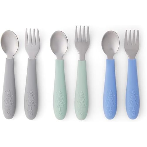 Elk and Friends Kids Silverware with Silicone Handle | Childrens Safe Flatware | Toddler Utensils | Baby Spoons + Forks | Stainless Steel Cutlery | Dishwasher Safe | 6 Pieces