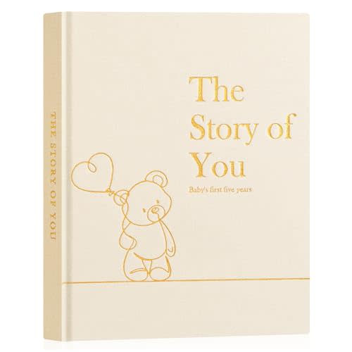 Lanpn Baby Memory Book for Boy Girl - The Story of You, Newborn Babys Keepsake Book Photo Album for New Parents, Linen Cover Baby First 5 Year Milestone Journal Scrapbook (Beige, 154 Pages)