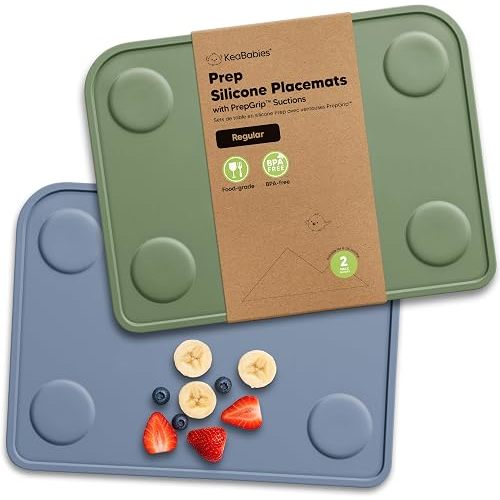 KeaBabies 2pk Silicone Placemats for Toddlers, Kids - 12x9 Non Slip Suction Baby Silicone Placemat for Restaurants, Dining Table,Travel, Easy to Clean, Food Grade/BPA-Free,Small Baby Table Mat(Slate)