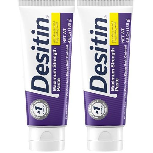 Desitin Maximum Strength Baby Diaper Rash Cream, 40% Zinc Oxide for Treatment, Relief & Prevention, Hypoallergenic, Phthalate- & Paraben-Free Paste, Protects Skin for 12 Hours, 4.8 oz (Pack of 2)