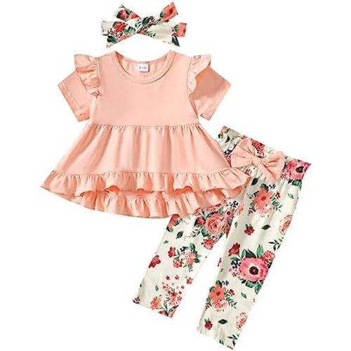 Kucnuzki Baby Girl Clothes Toddler Girl Outfit Ruffle Sleeve Shirt Floral Pant Set Fall Winter Clothing for Girl