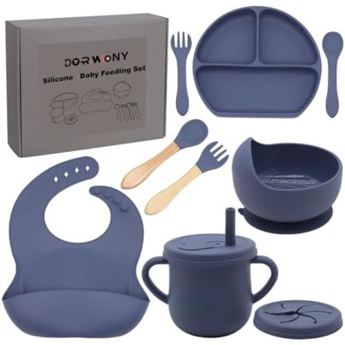 100% Silicone Baby Feeding Set, BPA Free Baby Dishes with Suction Bowl, Divided Plate, Toddler Self Feeding Dish Set with Spoons, Forks, Sippy Cup and Bib, Baby Eating Utensils (Navy Blue)