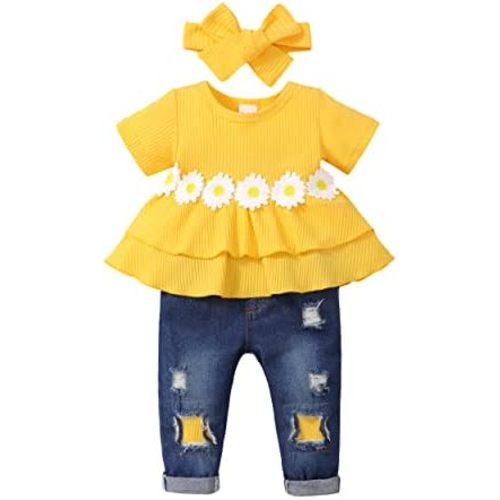 XUANHAO Baby Girl Clothes 12 18 24 Months Outfits For Infant Toddler Denim Girls' Clothing Ruffle Top Ripped Jeans Pant Sets