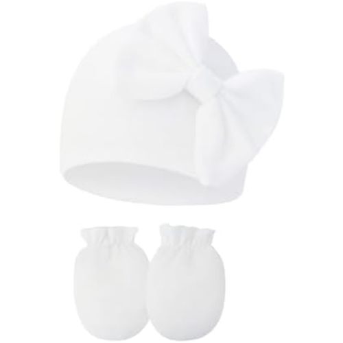 UTTPLL Newborn Beanies Cap No Scratch Mittens Set 0-6 Months Infant Bow Caps Baby Girls Boys Cute Nursery Headbands Hats
