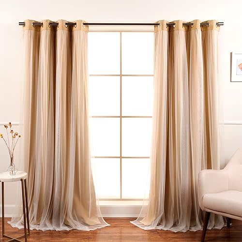Best Home Fashion Set of 2 Lace Tulle Overlay Thermal Insulated Solid Blackout, Stainless Steel Nickel Grommet Window Panels for Bedroom, Living Room, Dining Room - 52" W x 96" L, Wheat
